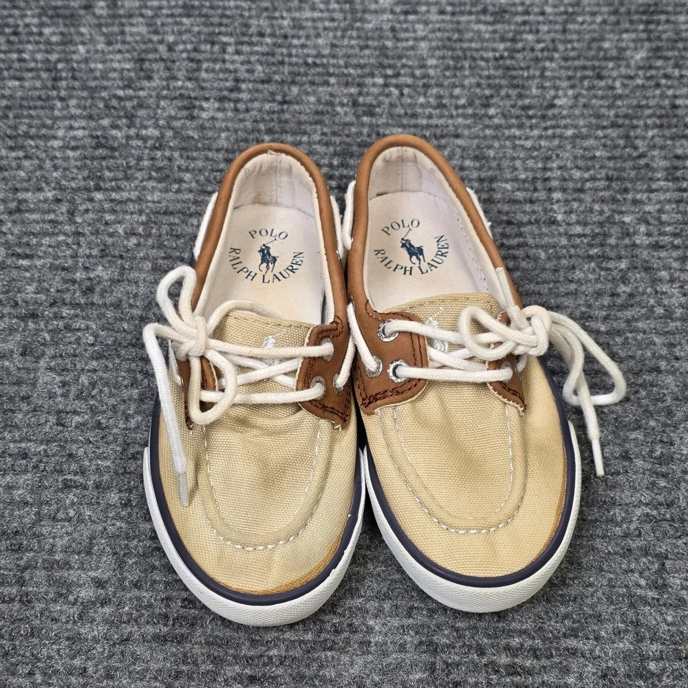 Polo Ralph Lauren Sander Leather Boat Shoes Boy's Size 11 Tan Brown Textile Lace
